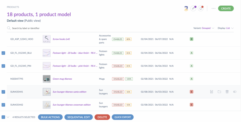 Visualisation de la grille des produits dans Akeneo avec des informations, attributs et complète paramétrables.