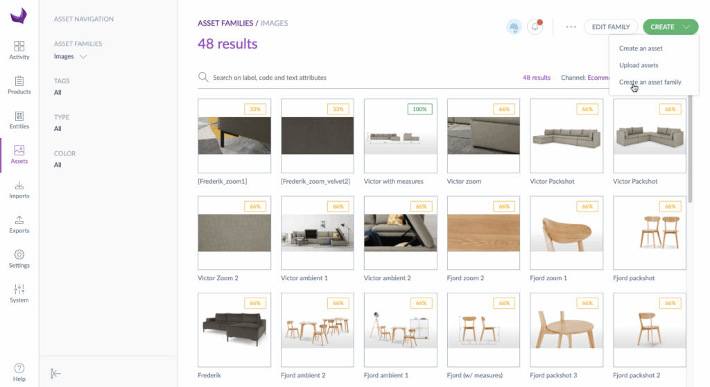 Visualisation en mosaïque des médias dans Akeneo avec complète, filtres.