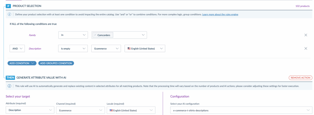 Génération de contenu par l'IA d'Akeneo avec des règles paramétrables facilement.